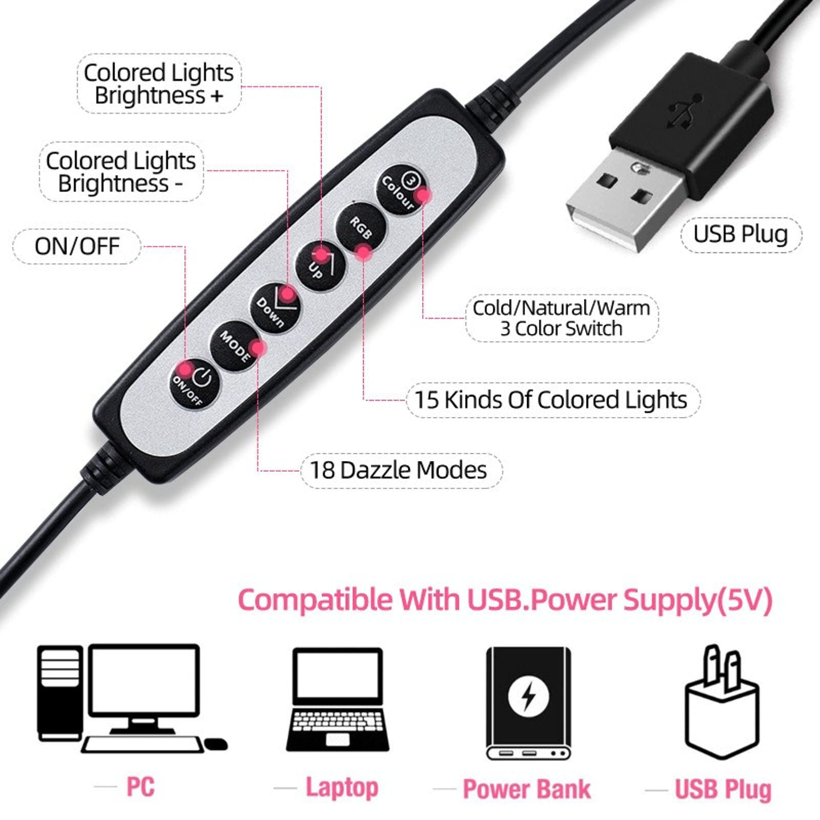 Anello luminoso RGB da 10 pollici con treppiede e supporto per telefono, da scrivania USB RGB LED dimmerabile con telecomando per trucco/YouTube/TIKTok/Video/streaming