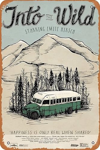 Yzixulet Póster de película ilustrada con texto en inglés Into The Wild de estilo vintage, 8 x 12 pulgadas, letrero de metal divertido para