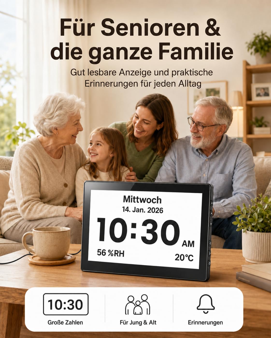 Roxicosly 10.1' Digitaler Kalender, Digital Uhr mit 20 Alarmen & Erinnerungen, 12 Themen, 12/24HTemperatur & Luftfeuchtigkeit, Dimmbar & 6 Sprachen, USB & SD, Wecker Digital für Senioren