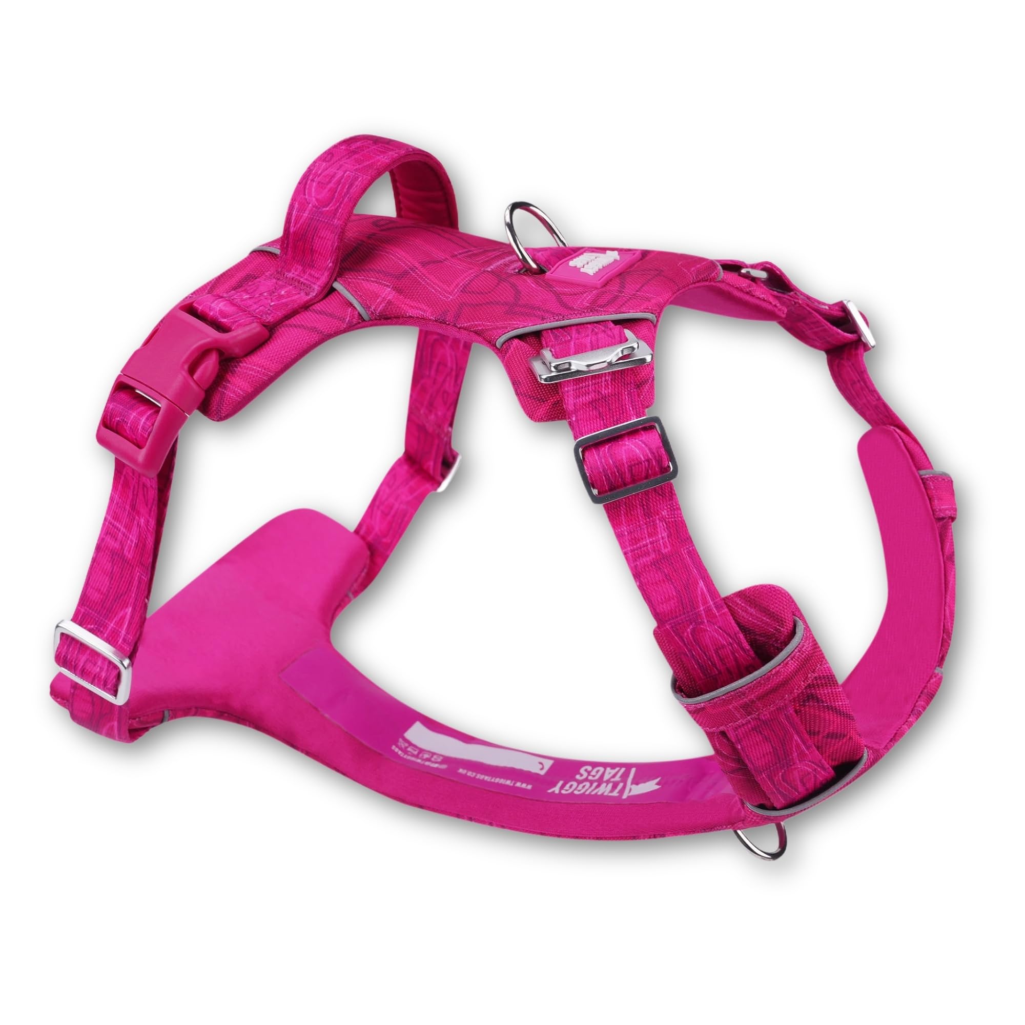 Twiggy Tags Adventure 2.0 Harness | Adjustable, Reflective, Durable Dog Harness | Dual lead attachment & Strong Handle | Stain & Water Repellent, Padded | All Dog Breeds | Sakura Pink Size 3