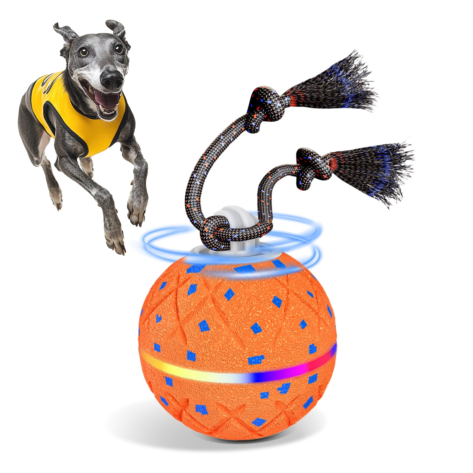 Balle Chien, Jouet Interactif Chien avec Lumières LED et Fonction Rotative Jouet électrique pour Chien,Jouet Chien Imitant Le Chant des Oiseaux, Balle Chien Qui se Déplace Toute Seule (Orange)