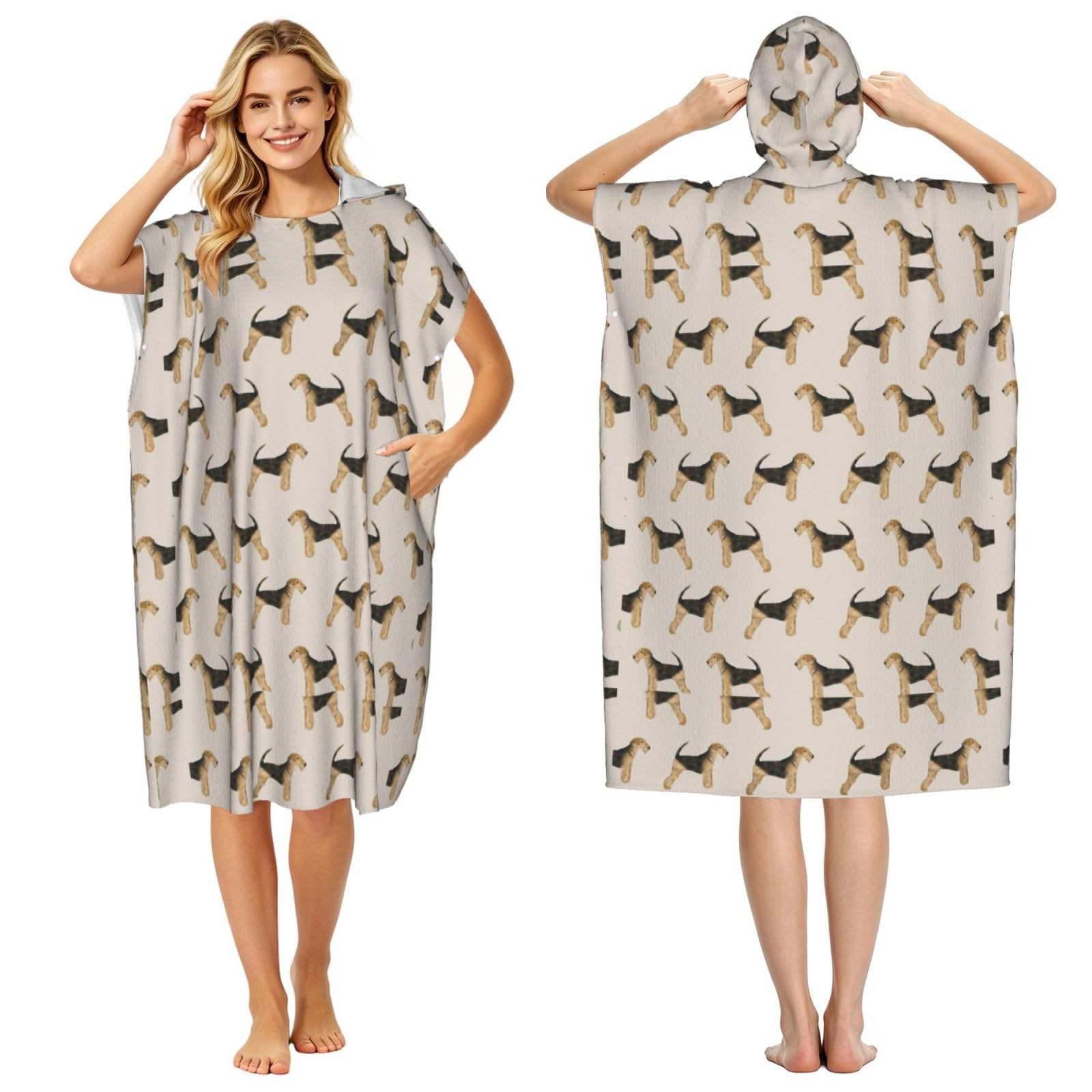 Poadnly Airedale Terrier Dog, Adult Hooded Beach Towel 90 x 110 cm,Changing Bath Robe, Surf Poncho Towel For Women Men