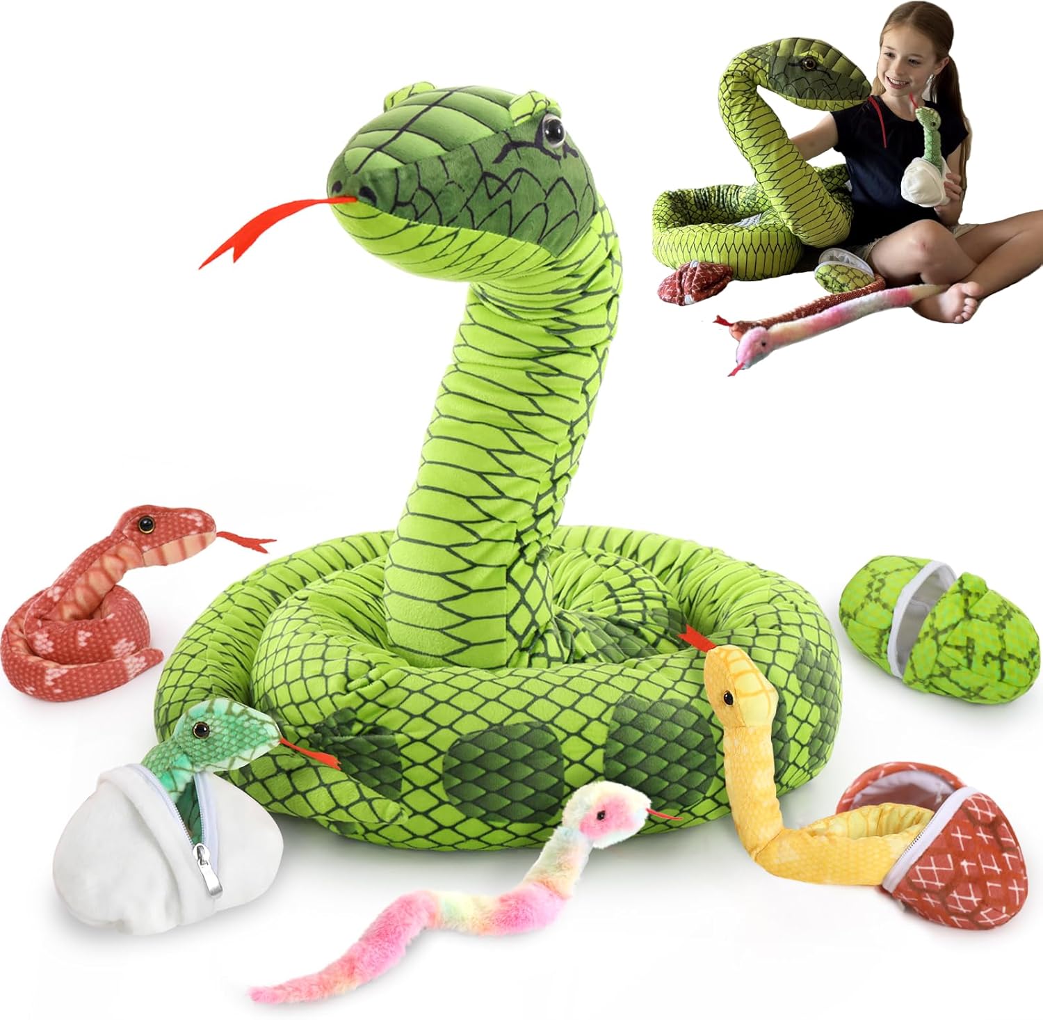 MaoGoLan 118 inch Giant Green Stuffed Snake, Realistic Mommy Snake with 4 Babies & 3 Eggs Plush Toy, Large Green Boa Constrictor Stuffed Animal for Boys Girls Kids Christmas Easter Gift Green Snakes