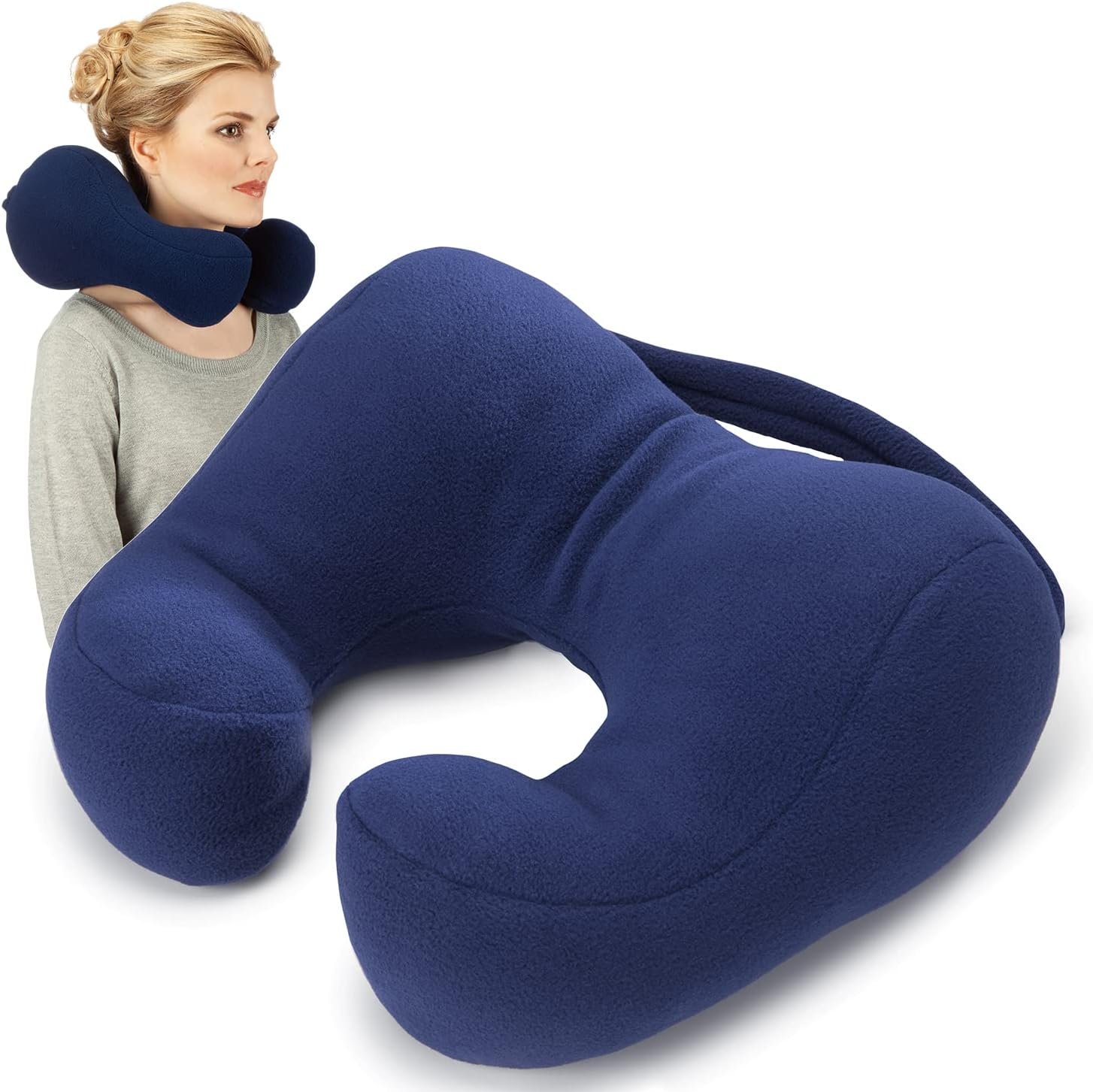 SunnyBayAward-Winning Travel Neck Pillow for Airplane, Car, and Chair, Therapeutic 360ยฐ Support with Ergonomic Cervical Contours and Chin Rest, Adjustable Firmness (Navy Blue, Medium)