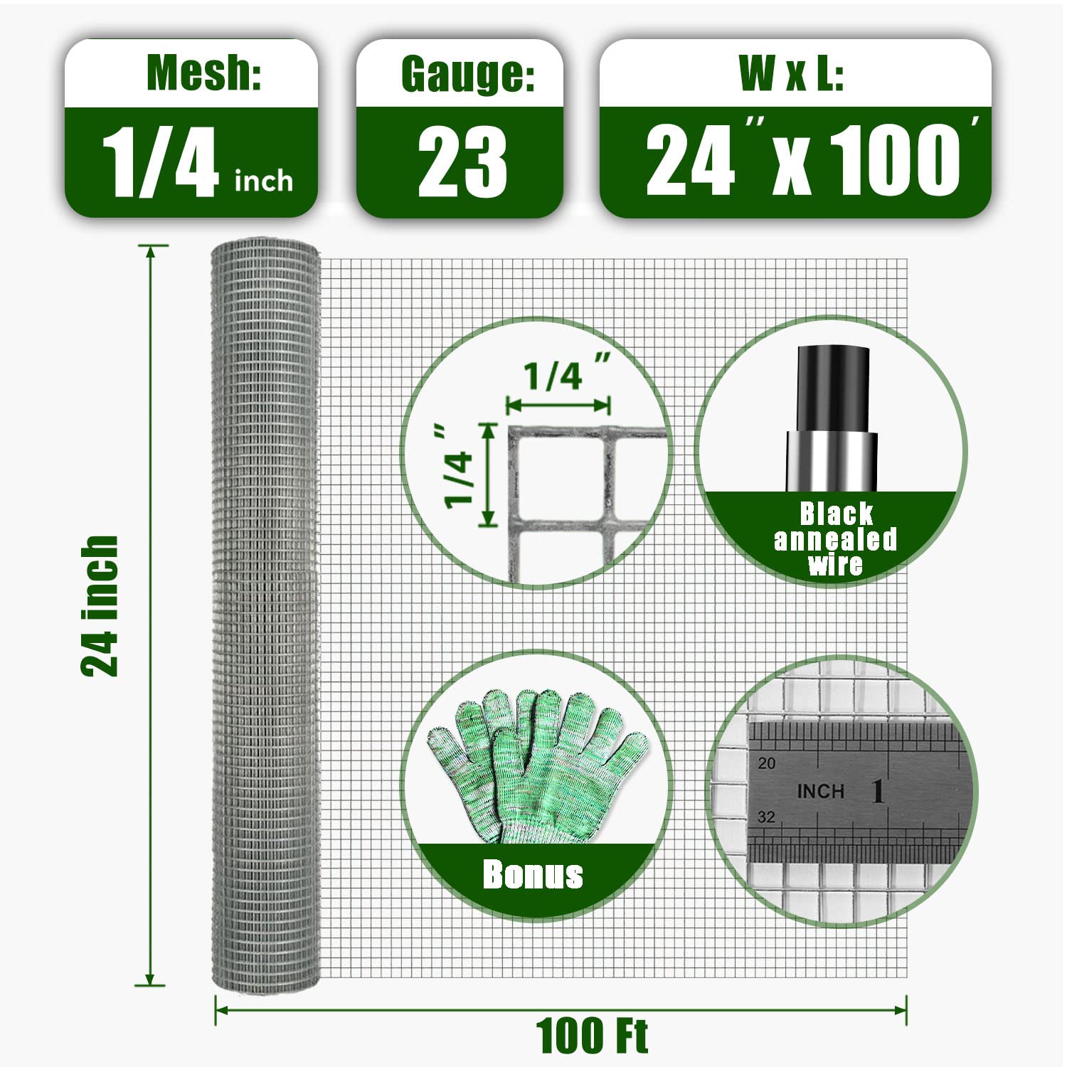 Nueve Deer Galvanized Mesh Hardware Cloth 1/4 inch 24 x 100 Ft 23 Gauge - Hot-Dip Galvanized After Welding - Chicken Wire Fencing Wire Mesh Roll Gopher Mesh Garden Fencing Rabbit Wire Mesh