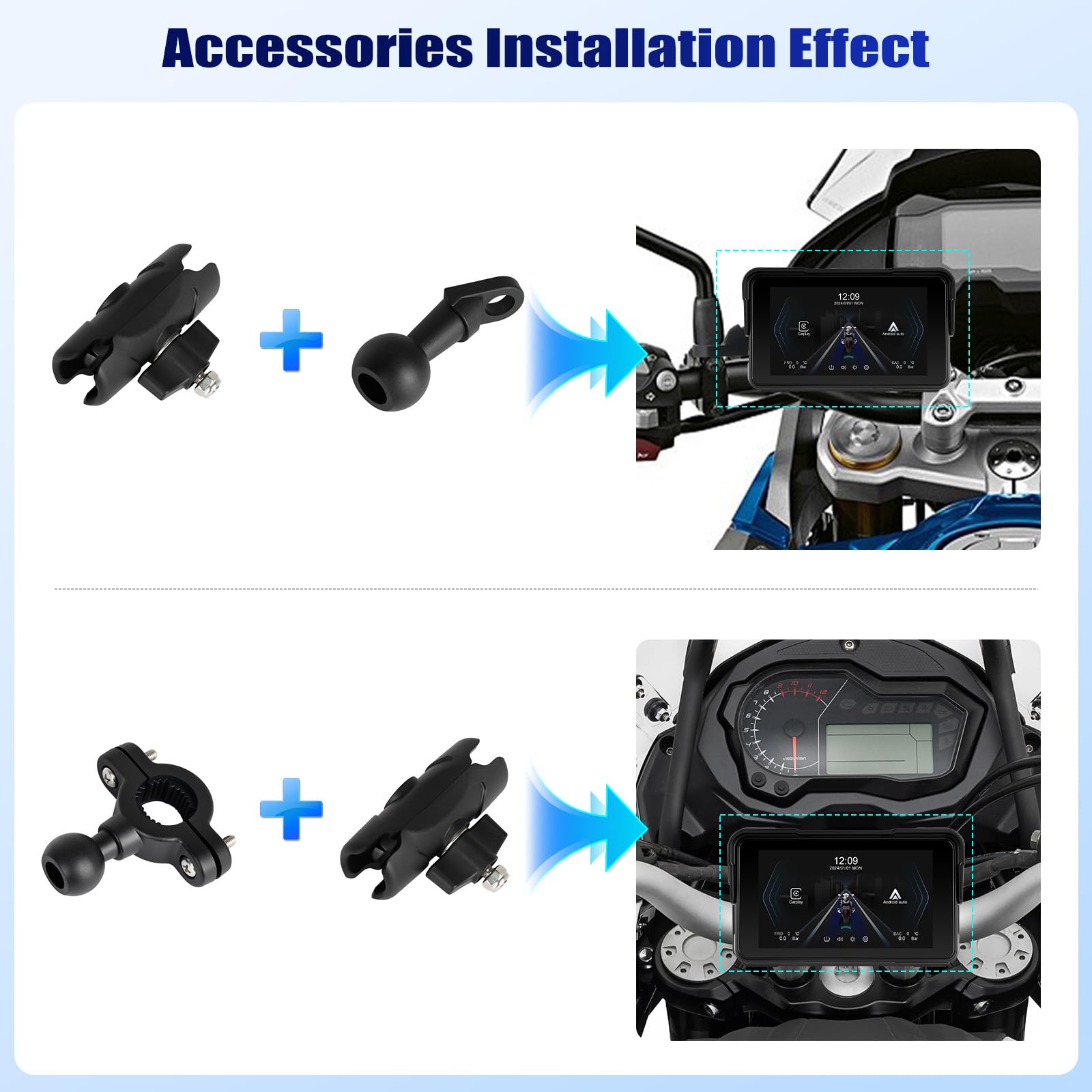 OiLiehu Motorrad GPS Wireless Portable CarPlay und Android Auto, 5 Zoll wasserdichtes Motorrad-Display mit Helligkeitseinstellung, Reifendruckerkennung, abnehmbarer Ständer, Plug and Play