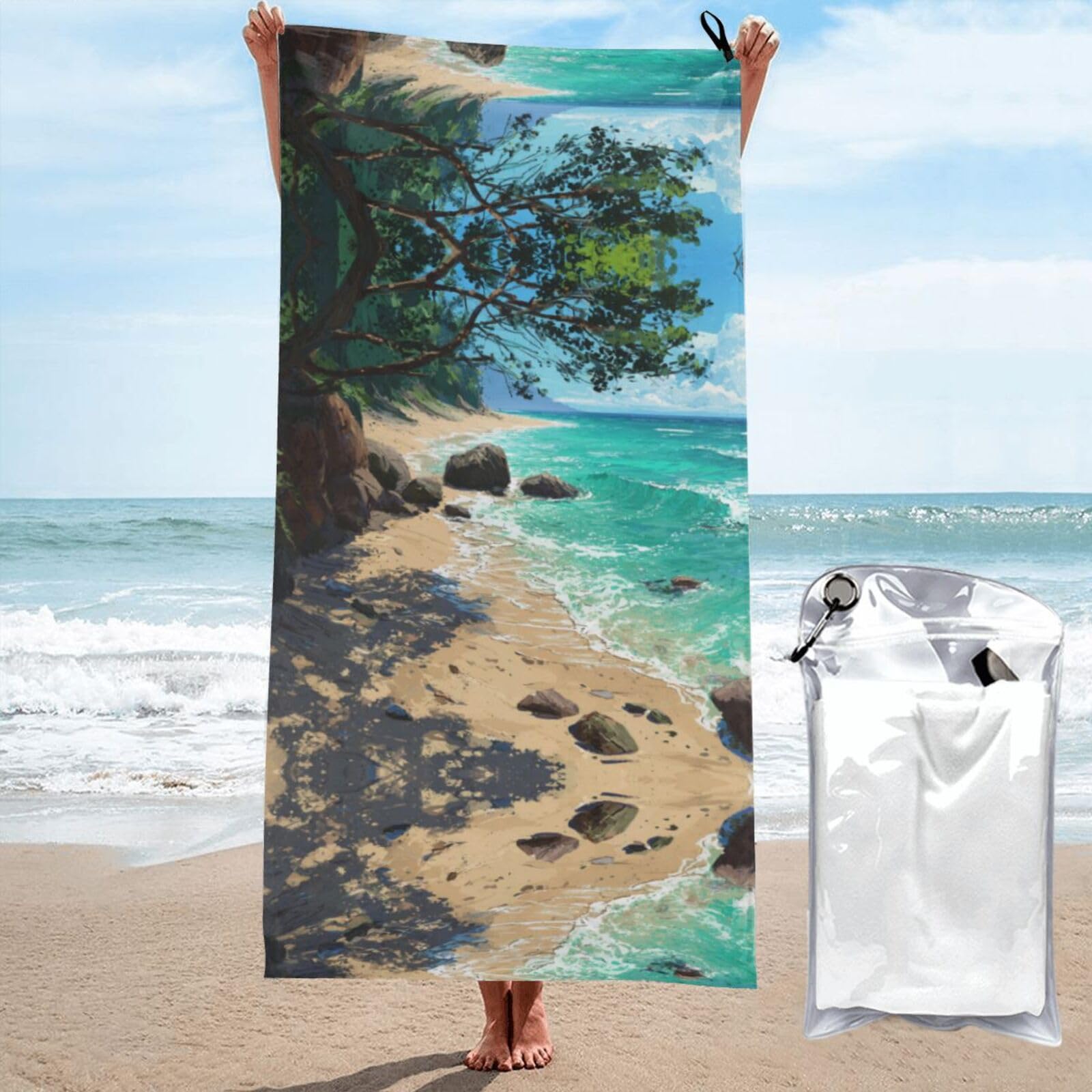 ESNAIUVCD Beach Scenery Print Beach Towel, Microfibre Sauna Towel, Quick-Drying Fitness Towel, Lightweight And Thin Portable Sauna Towel