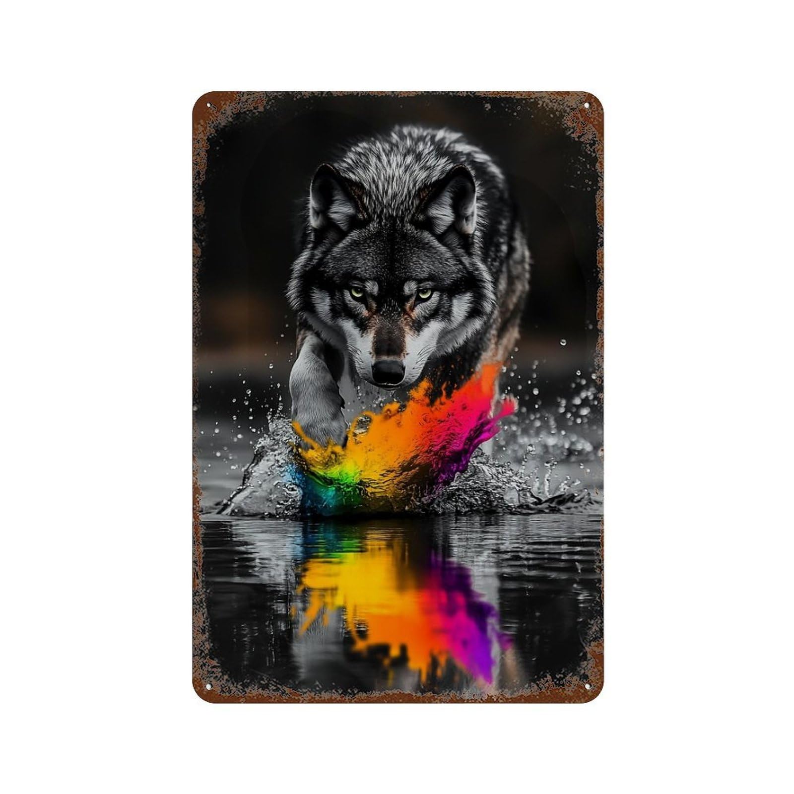 Garage Style Wolf in Water with Rainbow Splash Distressed Metal Wall Sign 11.8"x7.9", Classic Wall Plaque for Bar And Workshop