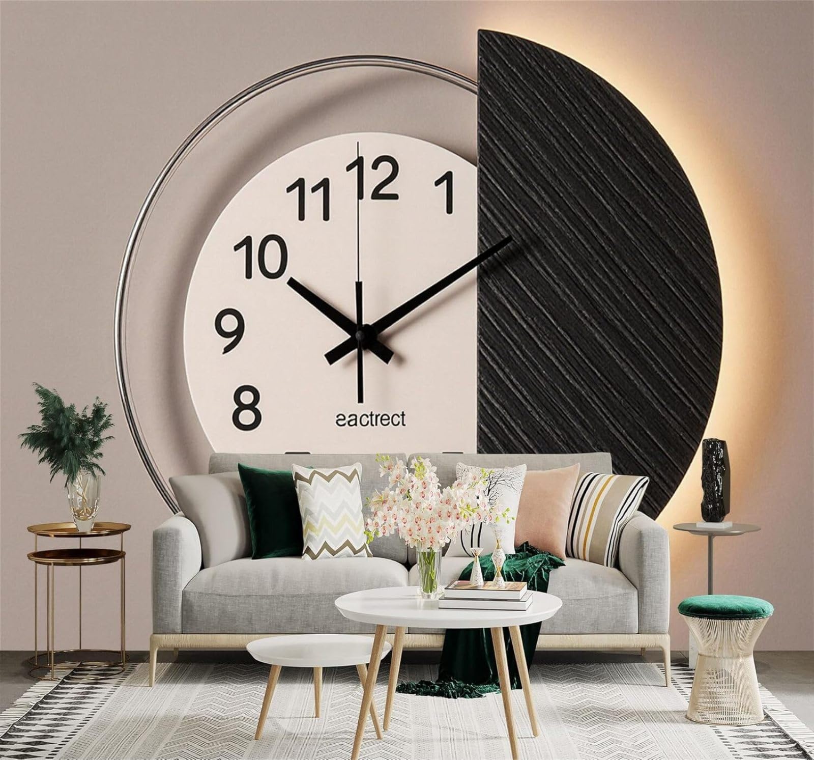 XLMING Minimalist Three Dimensional Wall Clock Semi Circular Soft Lighting 3D Wallpaper Silky Texture Home Study Office Grey Dining Room Sofa Bedroom Living Room TV Backdrop-250cm×170cm
