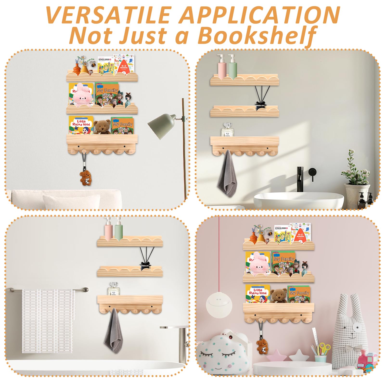 Rainmae Estantería para niños, juego de 3 unidades, 40 cm, para habitación infantil, con ganchos de madera, ideal para libros y juguetes, 100% madera