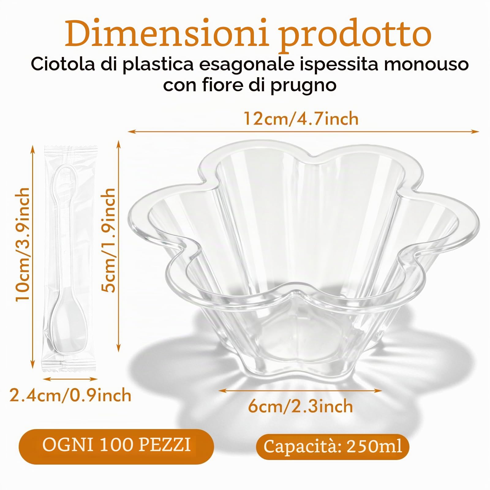 GOMETY 100 bicchieri da dessert in plastica, 250 ml, trasparenti con 100 cucchiai, mini tazze da dessert, riutilizzabili, motivo floreale, per dessert, budino, mousse