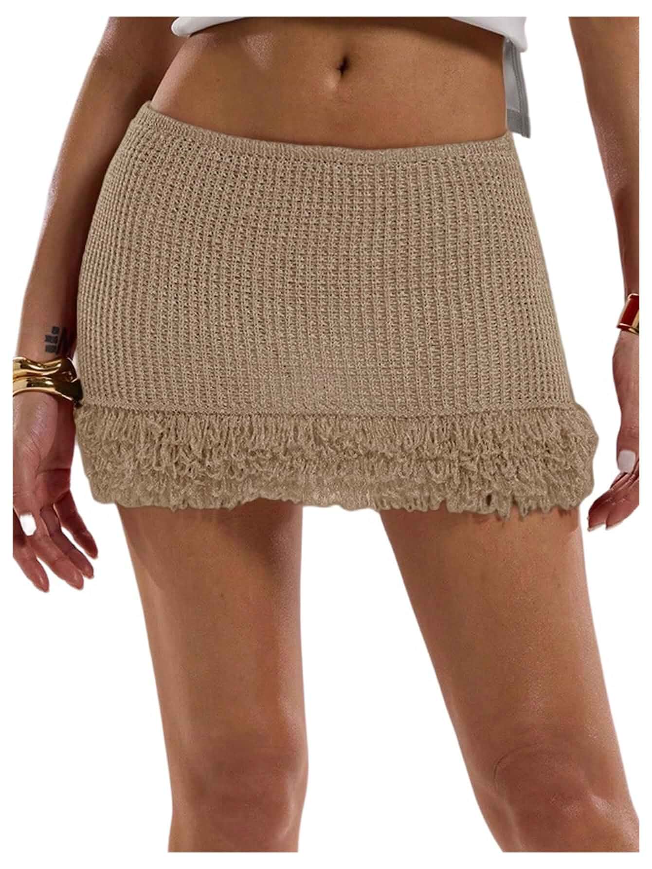 SweatyRocks Women's Fringe Crochet Mini Skirts Boho Low Waist Knit Skirt Tassel, Bodycon, Concert Outfit, Party Club Wear, Fall Skirt, Y2k Mini Skirt Streetwear