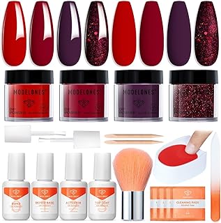 Modelones Dip Nail Kit - Red Purple 4 Color Glitter Powder Starter Set for Beginners with Dipping Powder Liquid