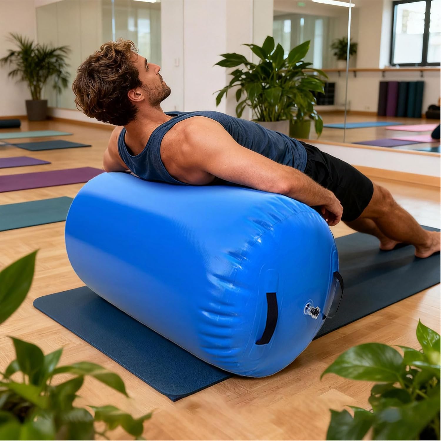 Gymnastics Mats, Portable PVC Tumbling Equipment Inflatable Air Roller with Manual Pump for Yoga Training