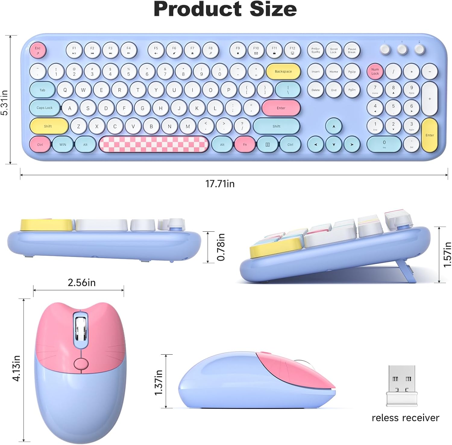 MOFII Wireless Keyboard and Mouse Combo, Cute Keyboard Full Size and Wireless Mouse, 2.4GHz Retro Typewriter Keyboard Mouse Set for PC/Desktop/Laptop/Windows (Pale Blue Colorful)