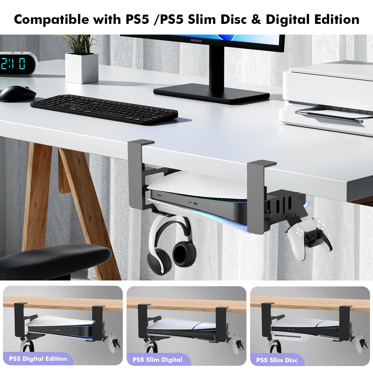 Supporto da tavolo compatibile con modelli PS5/Slim, senza viti, organizer salvaspazio per videogiochi, supporto per controller con supporto per cuffie