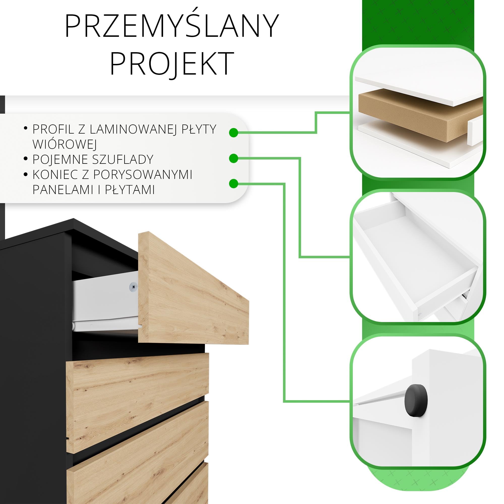 CDF Komoda Antracyt Artisan z 5 szufladami, 109 cm wysokości, kredens, wąska komoda do sypialni, komoda do przedpokoju, biura, sypialni, salonu, szafka z szufladami, regał z szufladami, mebel