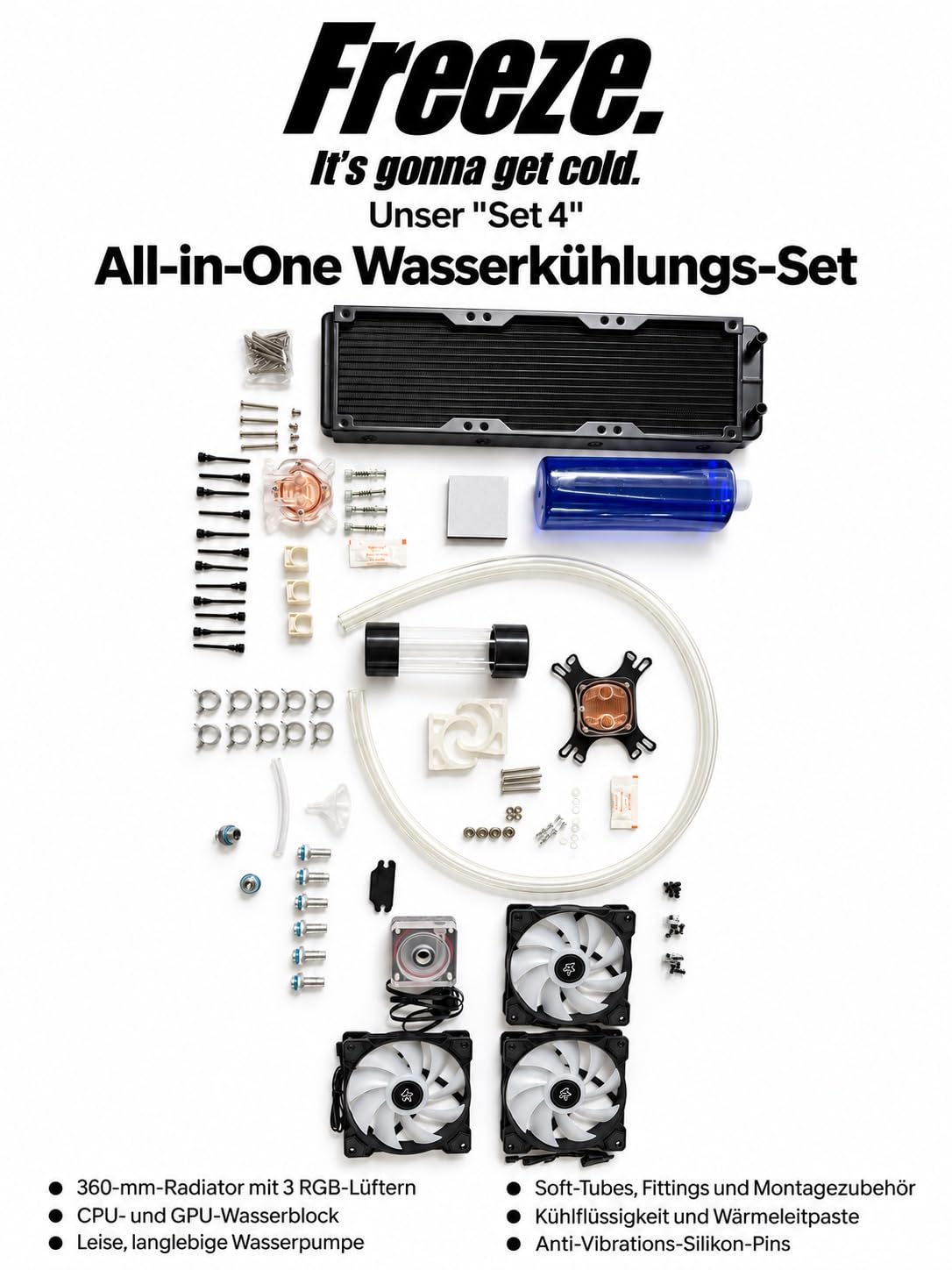 Freeze. DIY Custom Wasserkühlungs-Set 4 für PC, 360 mm Radiator, CPU- und GPU-Wasserblock, 3 Lüfter, Premium-Pumpe, Ausgleichsbehälter und Soft-Tubes