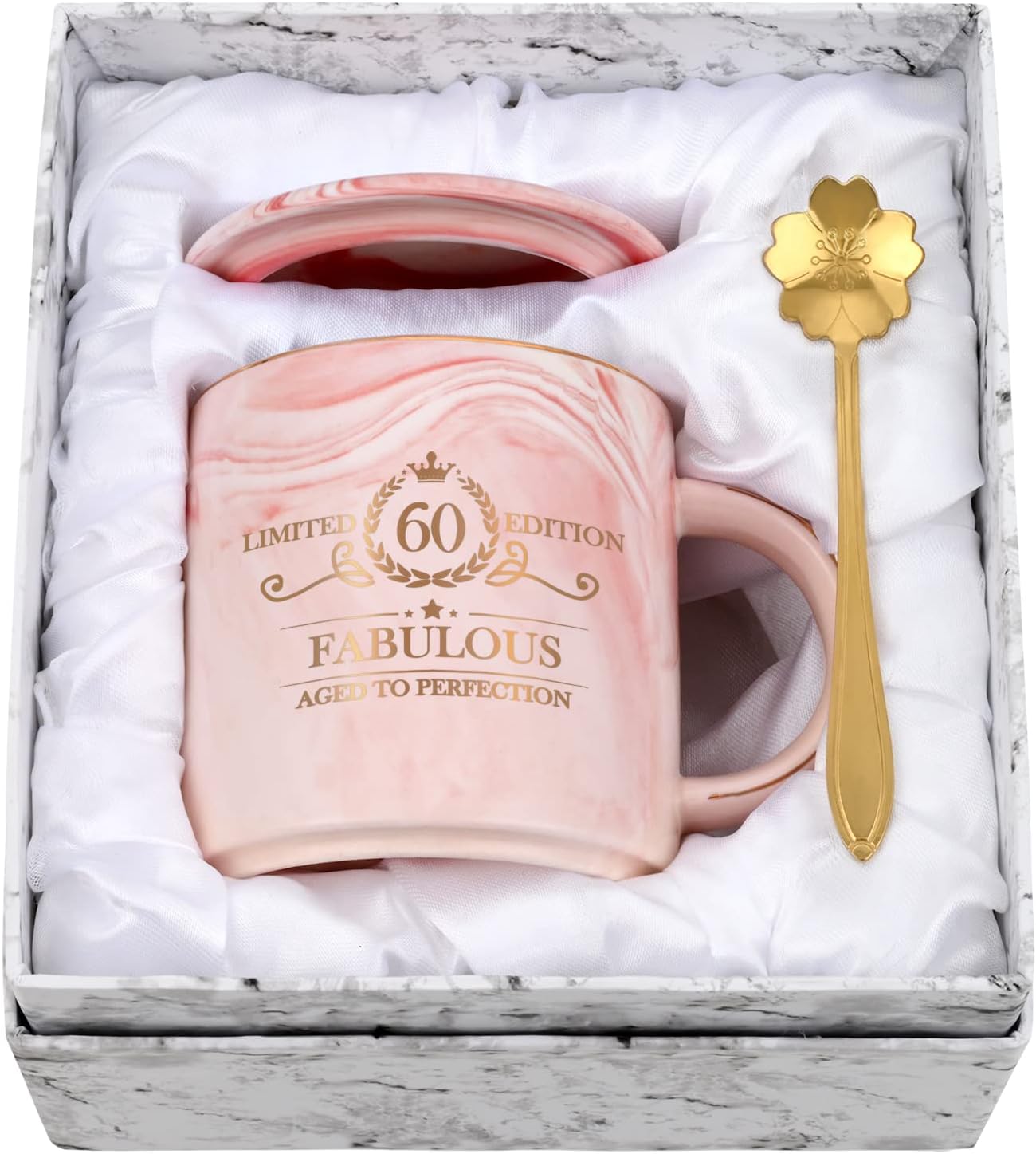 60th Birthday Gift for Women, 12oz Pink Coffee Mug Set with Gift Box, Gift for Mum Coworkers Friend Boss, Ceramic Coffee Mug for Birthday Gift Christmas Mothers Day