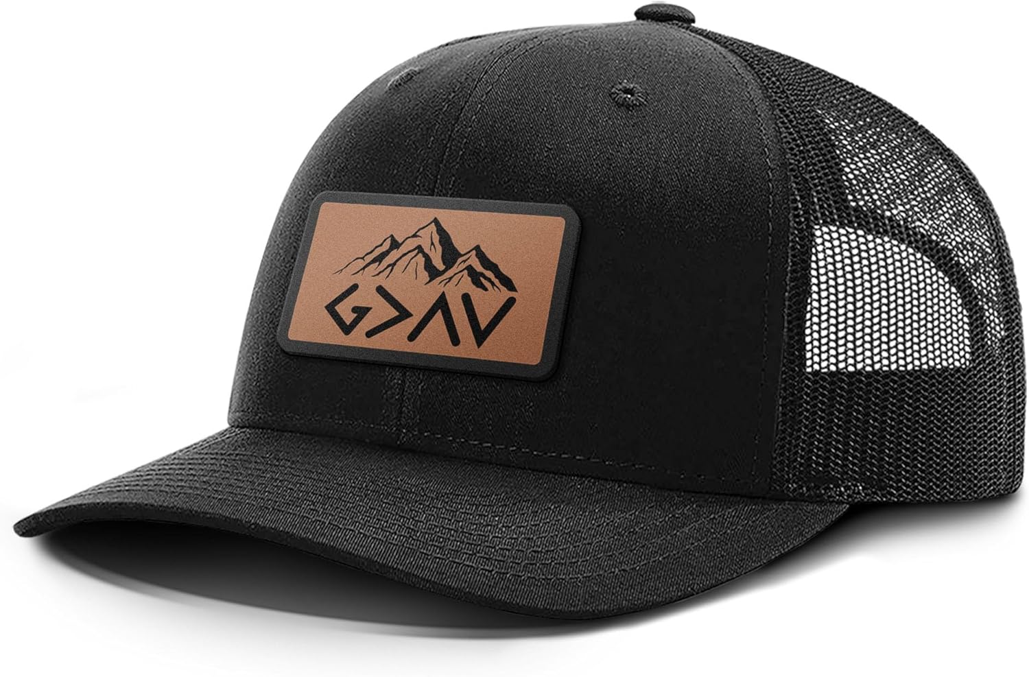 God is Greater Mountain Leather Patch Christian Trucker Hat - Fit Snapback Hat - Breathable Mesh Side for Casual Wear