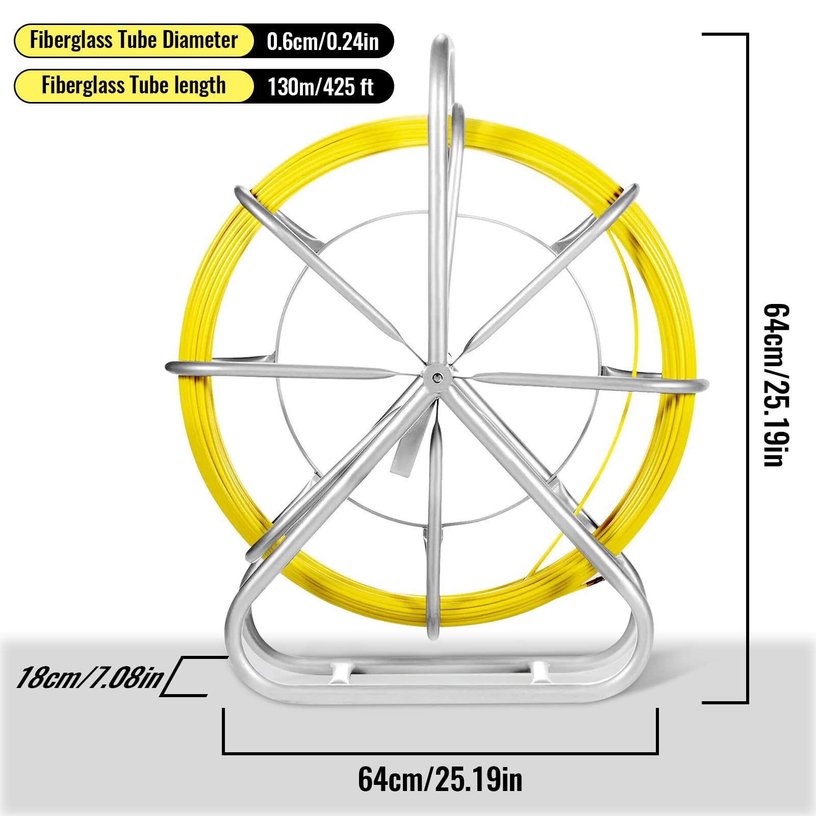 Rodder de conducto de fibra de vidrio de 6 mm x 130 cm con soporte y freno de acero, caña de correr de cable, herramientas de pesca para paredes y conductos eléctricos, no conductivo