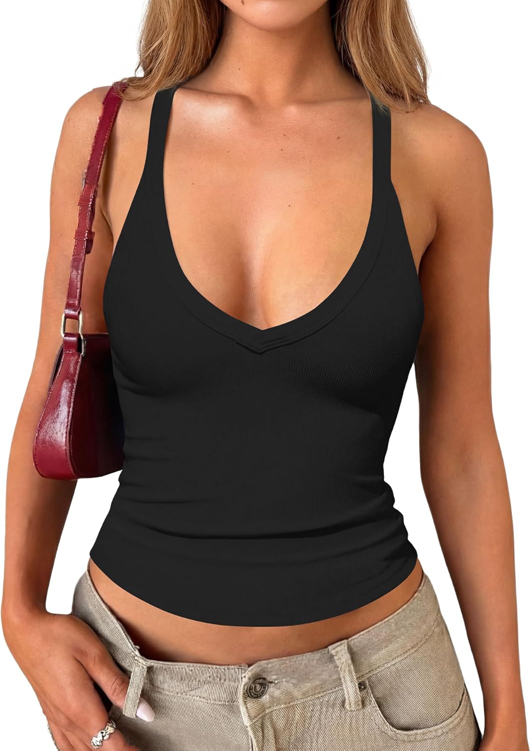 Darong Women's V Neck Tank Tops with Built-in Bra Racerback Basic Summer Camisole Ribbed Slim Fit Sleeveless Shirts
