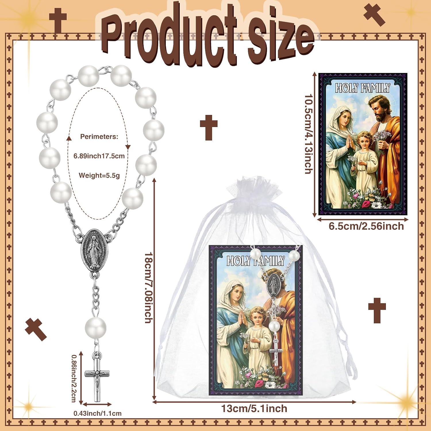 Sayglossy 10 Set Catholic Gifts Set White Religious Catholic Hanging Pendant and Prayer Card Saints Prayer Bead Rosary Beads Bracelet First Communion Baptism Gifts Car Rosary for Rearview Mirror