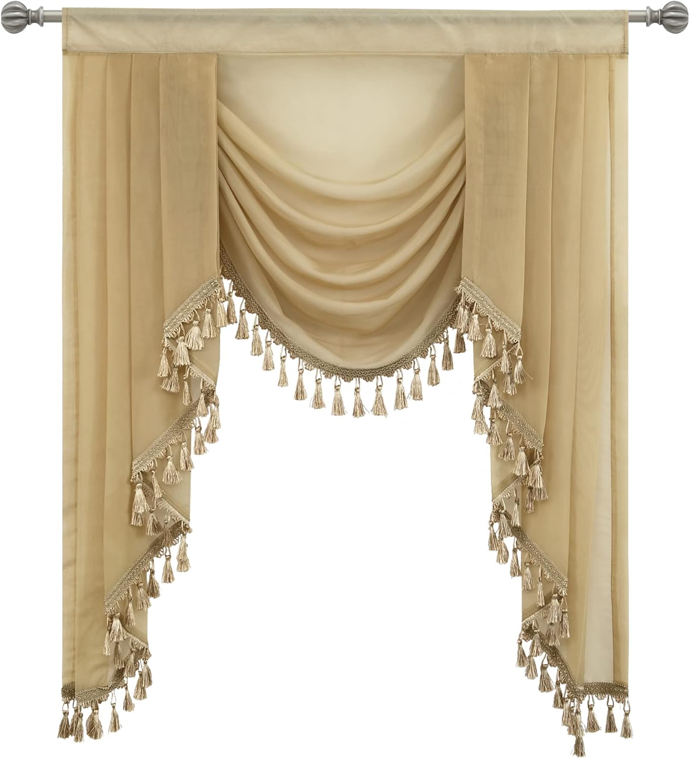 Beige Waterfall Sheer Window Curtain Valance for Living Room - Tassels Swag Curtain Valance for Bedroom, Valance for Kitchen, 1 Panel, Width 39 Inch