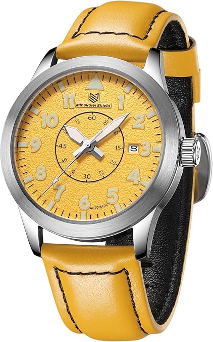 Amazon.com: Minskolei Shield Reloj automático MIYOTA 8215 Relojes mecánicos de cuero amarillo para hombres 42MM analógico digital, plateado : Ropa, Zapatos y Joyería