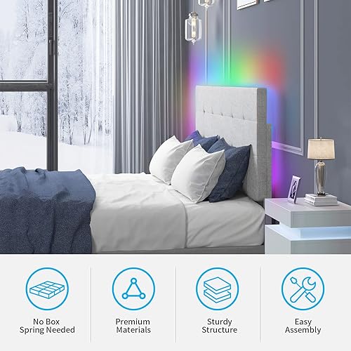 Vista 4 de Mjkone Full Size Bed Frame with Smart RGB LED Lights Button Tufted Bed Frames with Adjustable Headboard Linen Fabric Upholstered Platform Bed No Box
