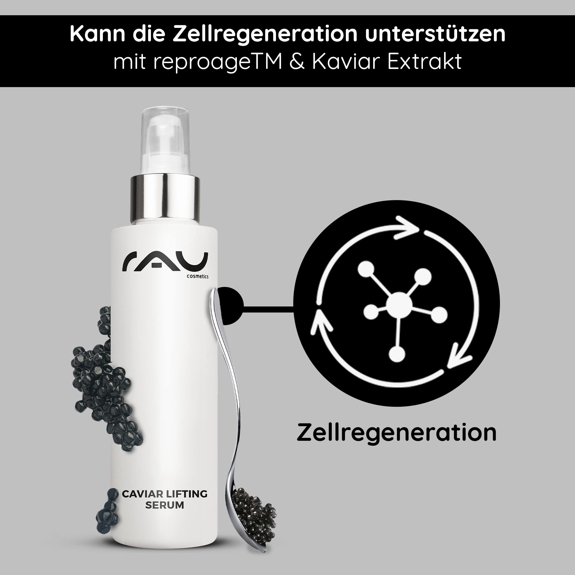 RAU Cosmetics Caviar Lifting Serum 100ml - Anti-Aging Gesichtsserum mit Argireline & Kaviarextrakt - Straffendes Peptid-Serum für Reife Haut - Feuchtigkeitsspendend mit Panthenol - Made in Germany