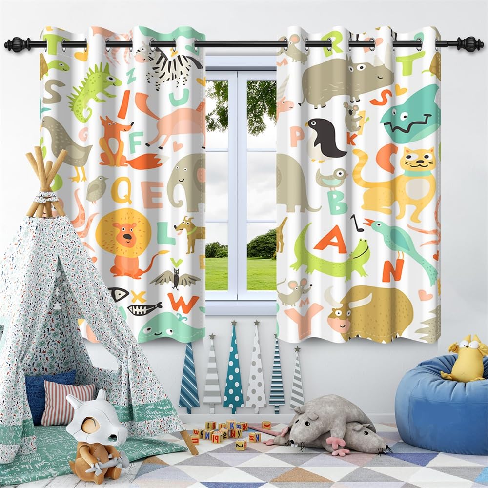 168x229cm Cortinas de Animales de Dibujos Animados Safari Hippo Elephant Cat ABC Alphabet Cortinas zoológico Estampado Cortinas Infantiles Decoradas con Cortinas sombreadas, 2 Piezas