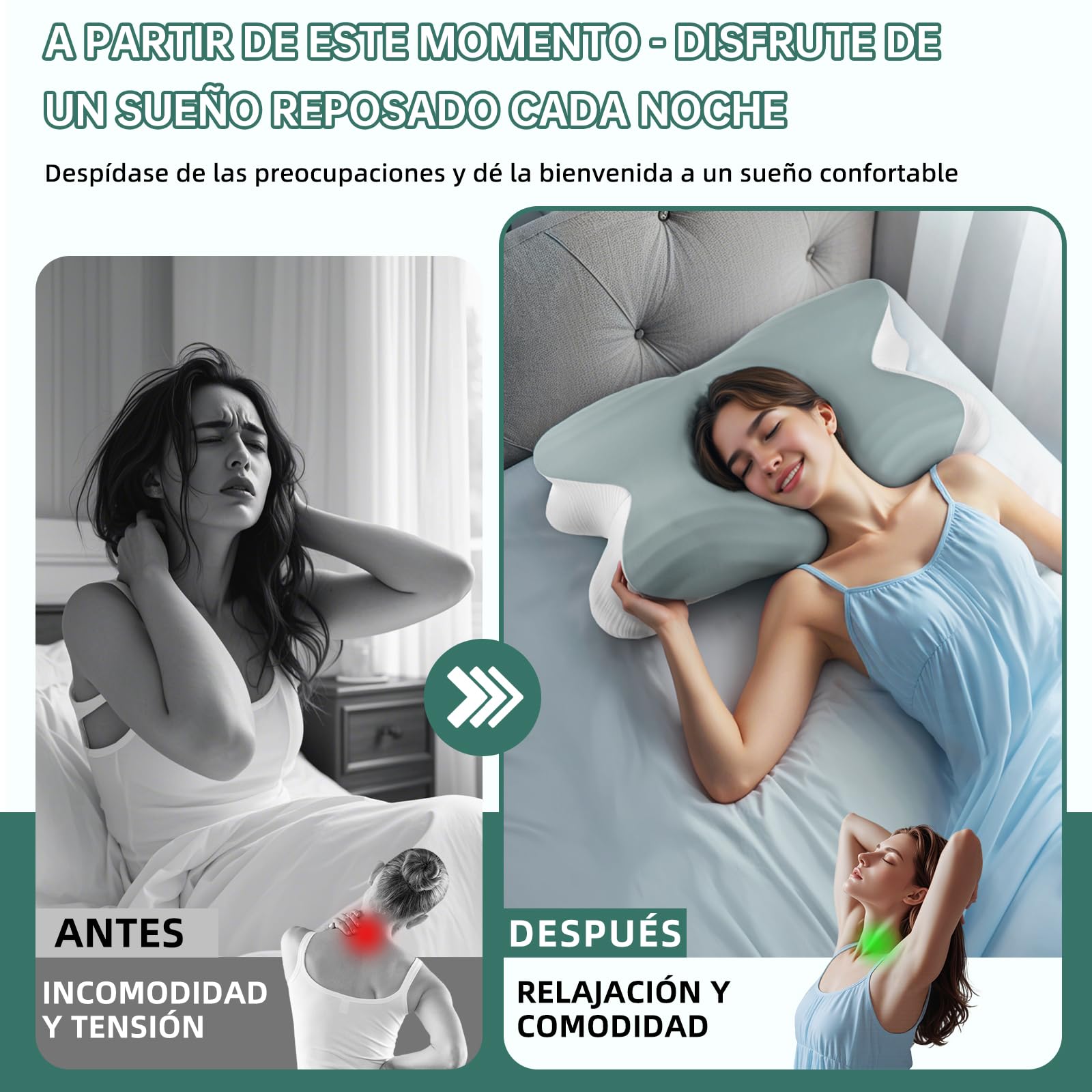 Almohada Cervicales y Cuello 2 en 1, 62cm x 42cm x 13/11cm Almohada Ergonómica para Lado, Espalda y Estómago, Almohada Ortopedica Cervical para Soporte de Hombro/Cuello/Cabeza - Gris
