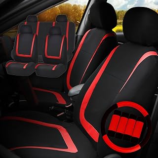 FH Group Car Seat Covers Cosmopolitan Flat Cloth Full Set Seat Covers, Car Accessories Red Combo Steering Wheel Cover and Seat Belt Pads Airbag and Split Rear Universal Fit for Cars Vans Truck