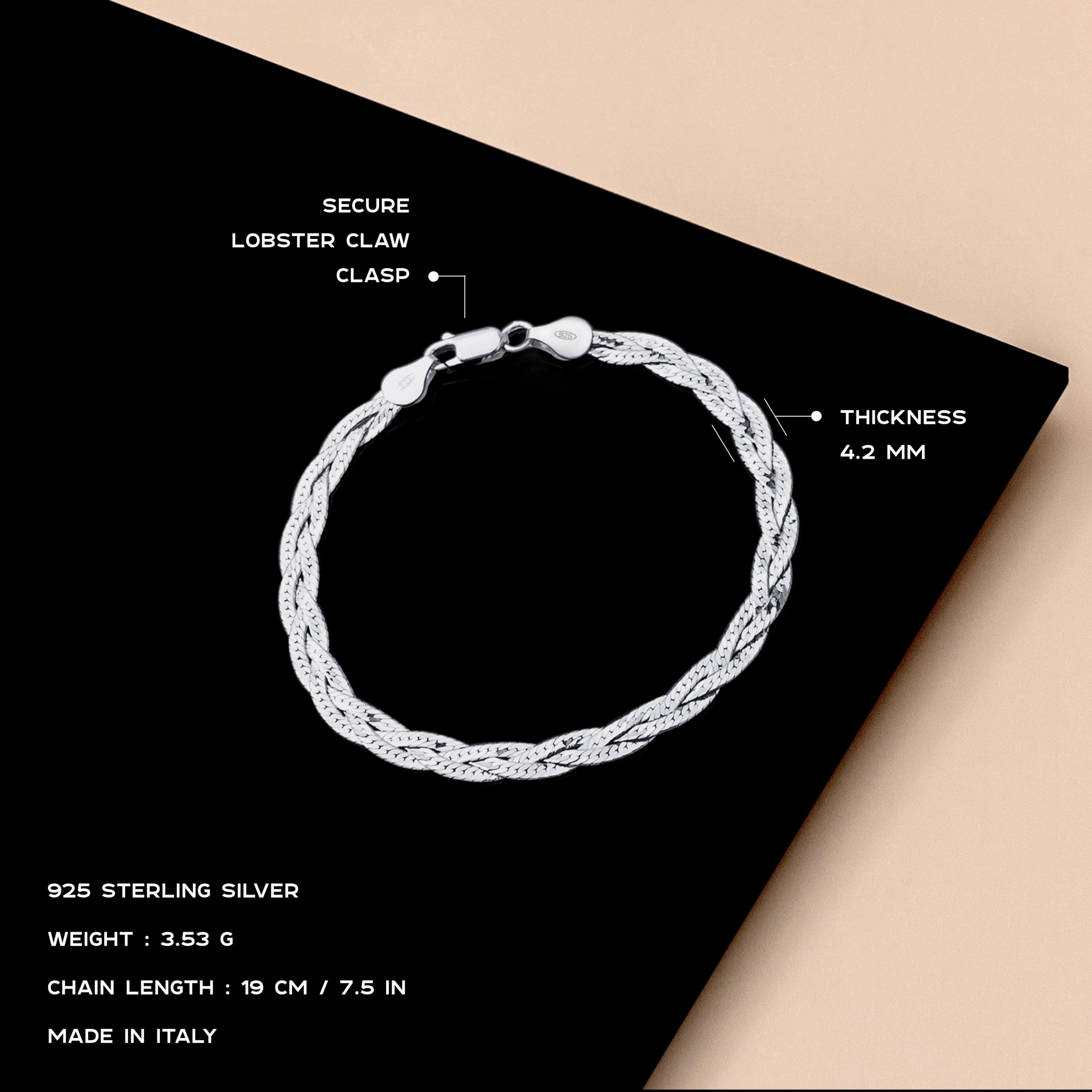 Amberta Pulsera para Mujer en Plata de Ley 925 Eslabon Herringbone Longitud 19 cm