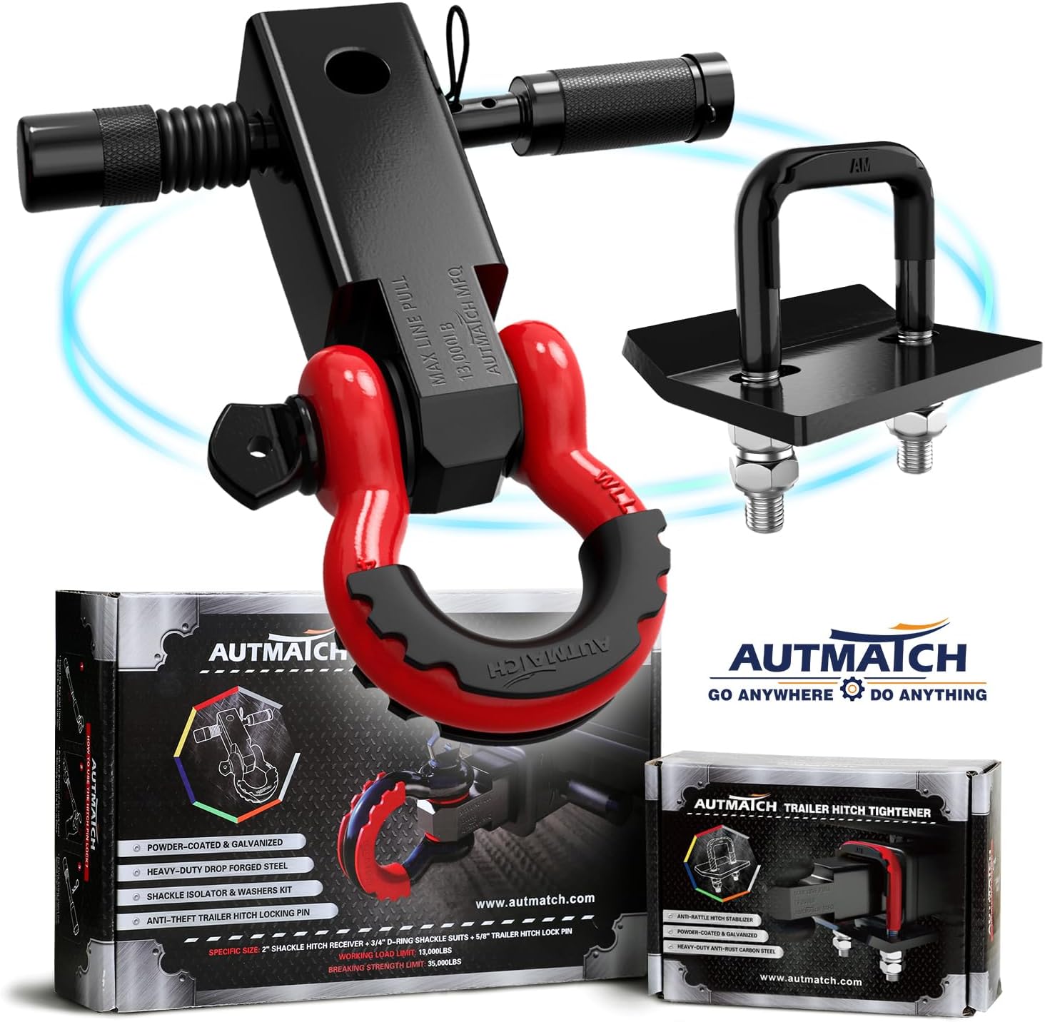 AUTMATCH Shackle Hitch Receiver 2 Inch with Hitch Tightener Anti-Rattle Clamp, 3/4" D Ring Shackle and 5/8" Trailer Hitch Lock Pin, Heavy Duty Receiver Kit for Vehicle Recovery, Red andBlack