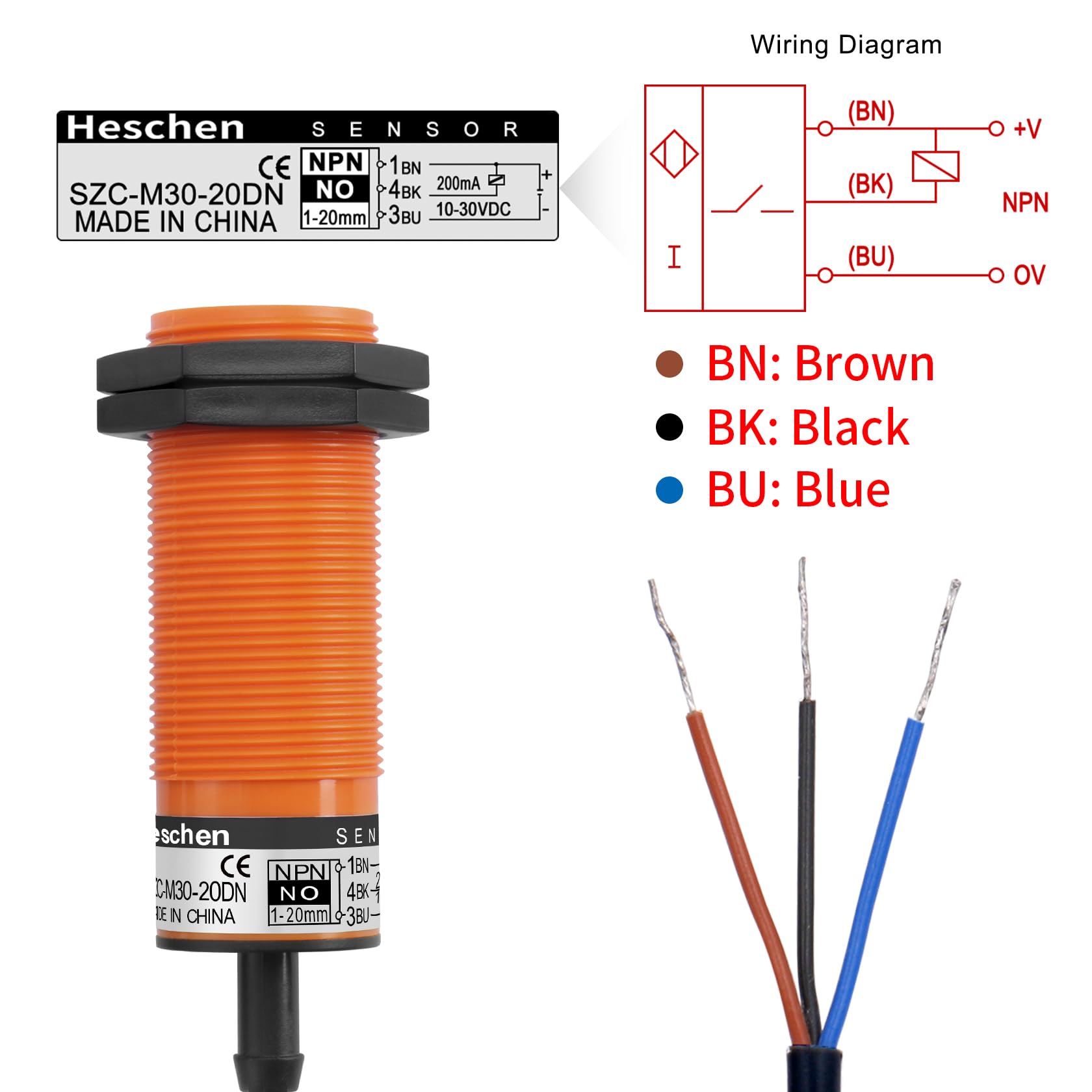 Heschen Pojemnościowy czujnik zbliżeniowy M30, SZC-M30-20DN, odległość wykrywania 1-20 mm, 10-30 V DC, 200 mA, 3-przewodowy nr