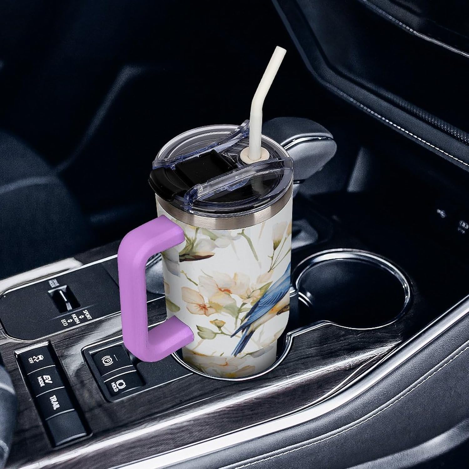 40 Oz Insulated Mug with Handle, Stainless Steel Watercolor Flowers And Birds Printed Travel Mug Portable Leak-proof Large Car Mug for Home, Office Or Car
