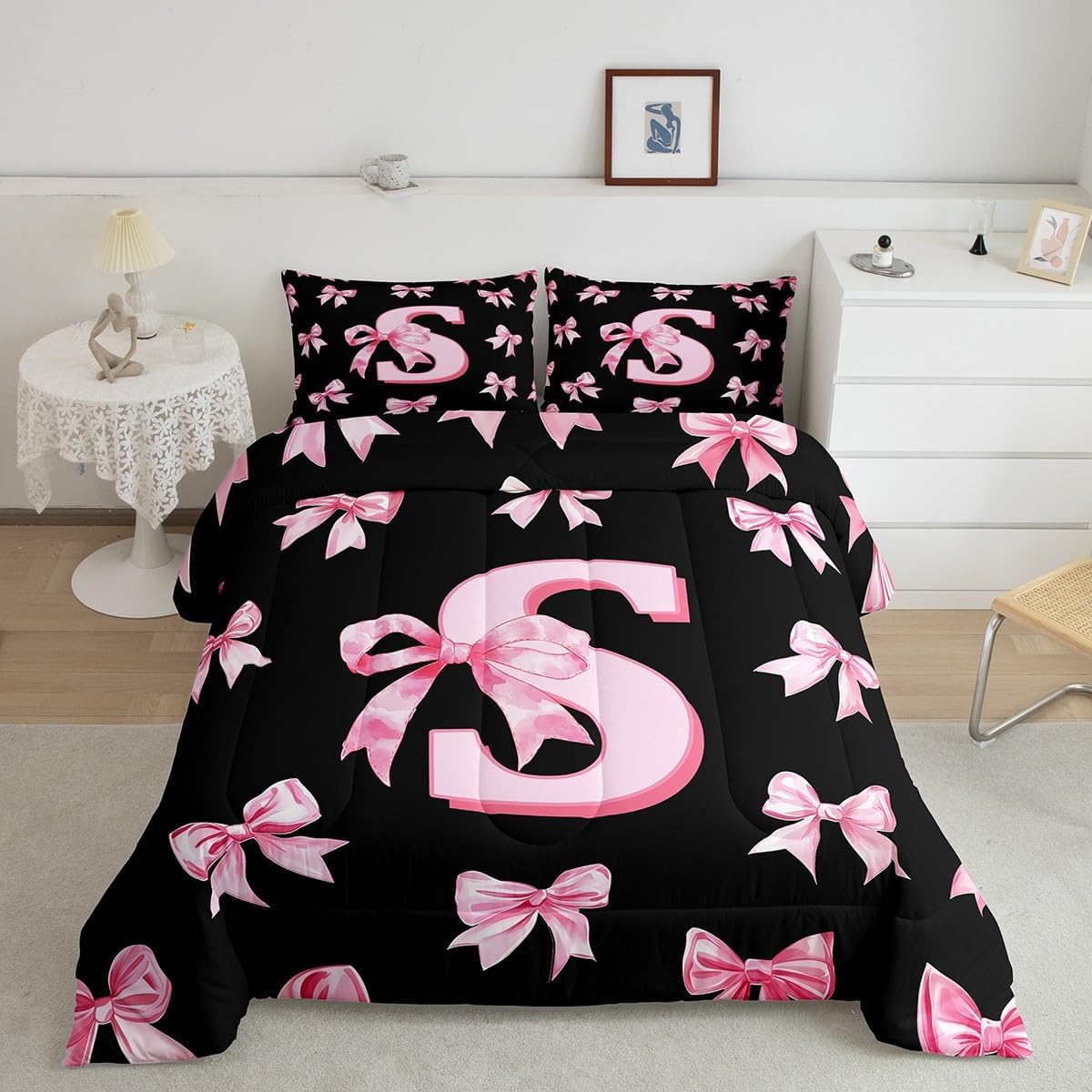 Erosebridal Cute Pink Bow Kids Bedding Set Twin Size,Personalized Letter S Comforter Set for Girls,Initial S Coquette Bow Comforter Preppy Monogrammed Bowknot Quilt Duvet 2 Pcs
