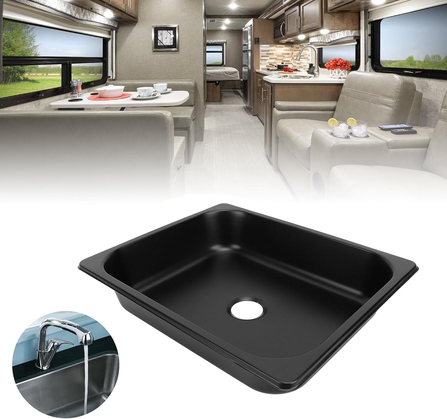 Bar Rv Sink, Bar Sink, Niiyen 325 X 265 X 65mm Rv Sink 304 Stainless Steel Efficient Drainage Square Kitchen Bathroom Wash Sink with 40mm Outlet for Caravan Motorhome Boat (Spraying Plastic Black)