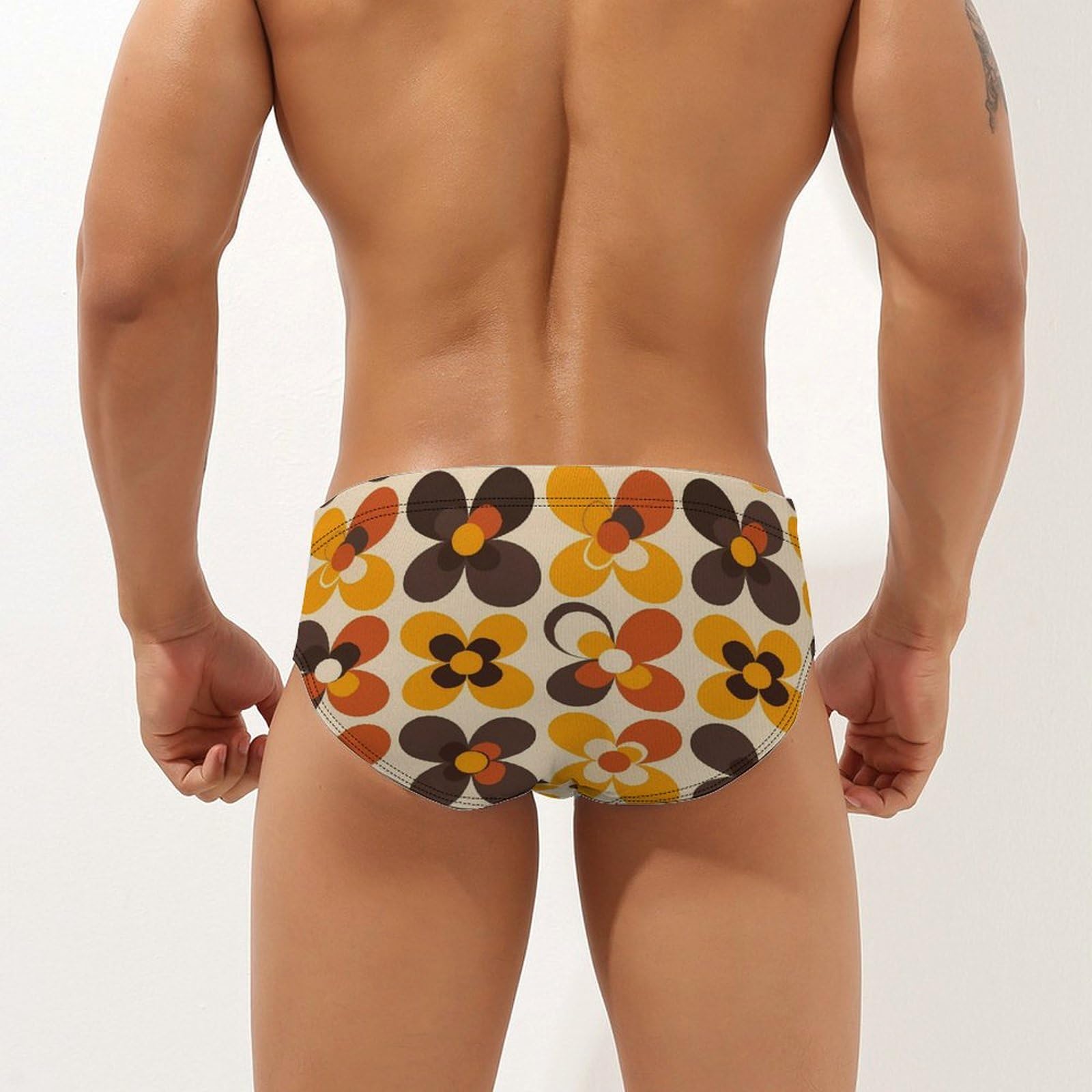 Seventies Geometric Vintage Pattern Flower Mens Swim Briefs Bikini Swimwear Print Beach Shorts Sexy Swimsuit M