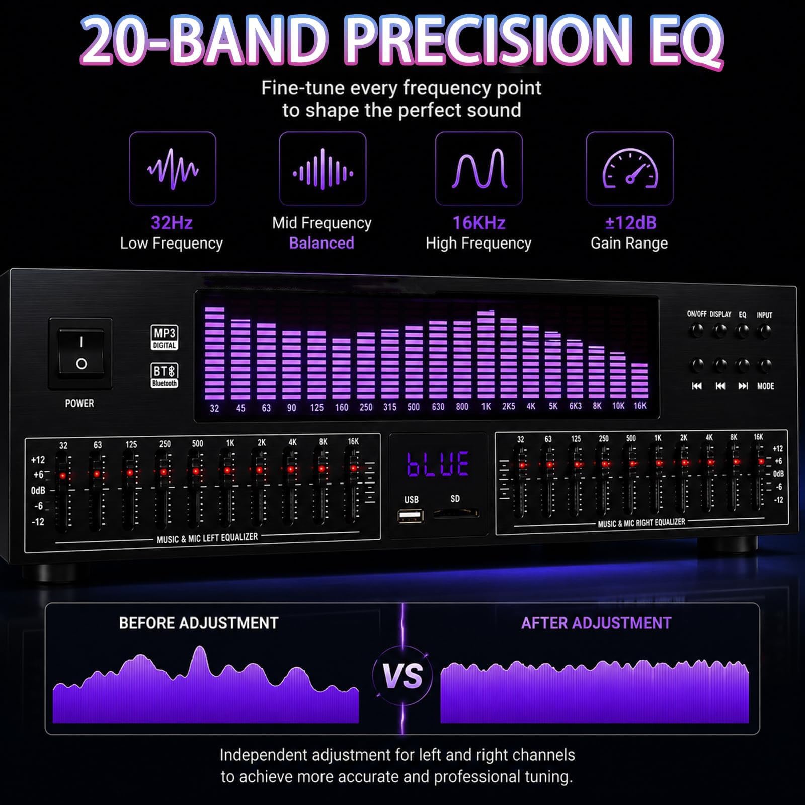 20-pasmowy Stereofoniczny Korektor Graficzny, Cyfrowy Przedwzmacniacz Procesora Audio Z Analizatorem Widma LED, System Dostrajania Korektora Dźwięku Domowego Audio Do Studia, Nagrywania I
