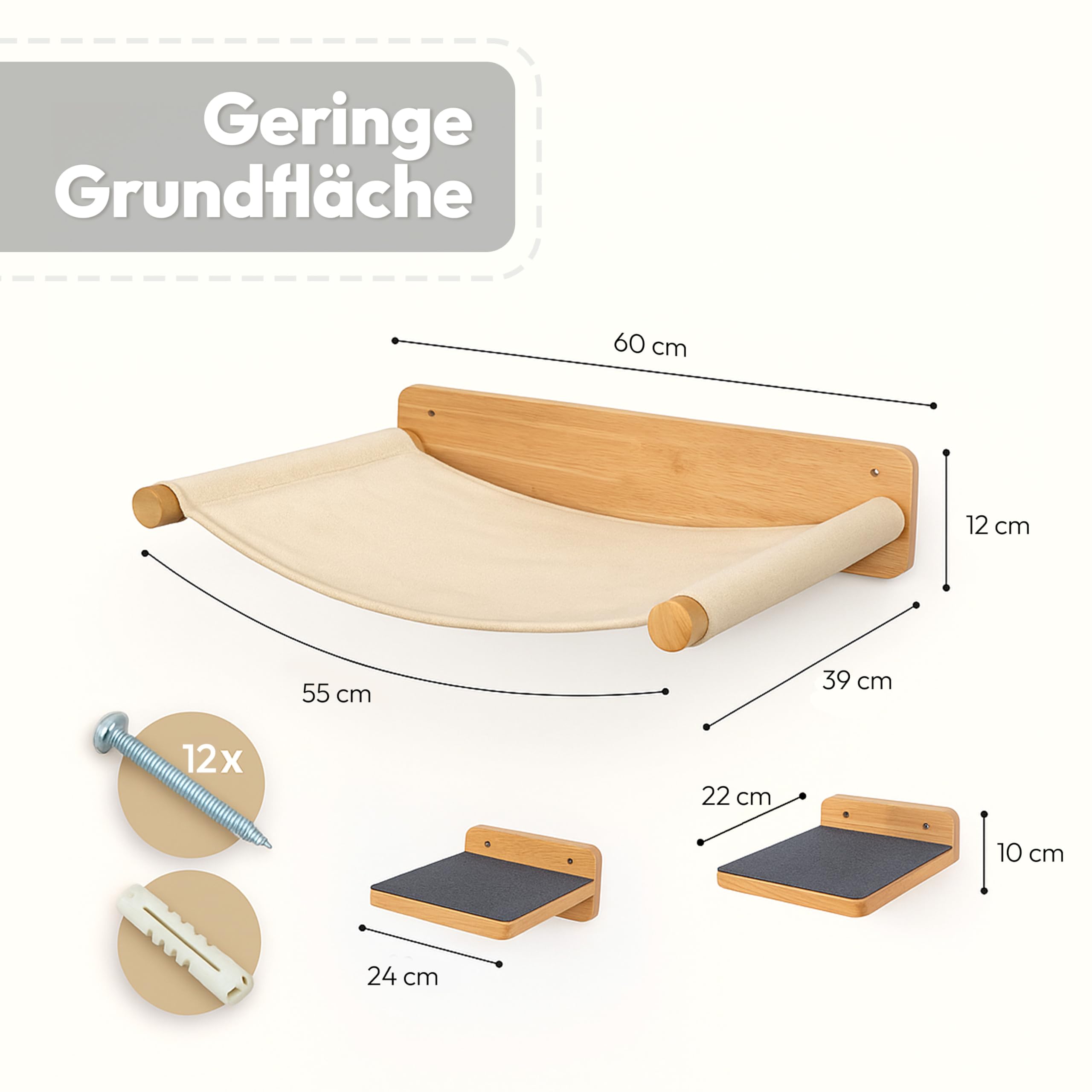 Katzen Wand-Hängematten Set – 2 Hängematten & 3 Plattformen aus Massivholz & Sisal Modularer Katzen Kletterwand-Turm für Wandmontage stabile Schlafplätze & Kletterwege
