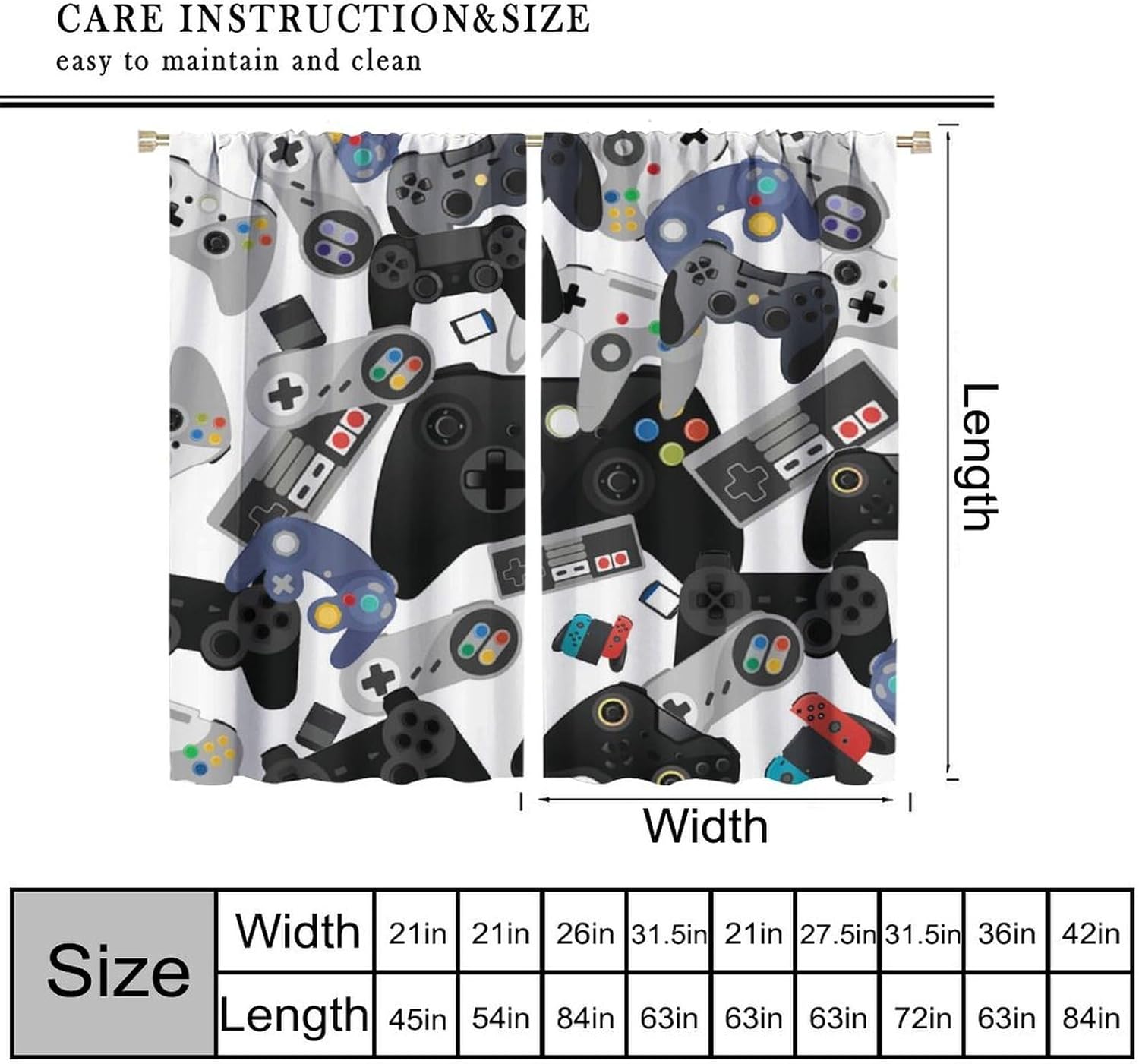 Gamer Curtains, Gamepad Modern Controller Games Console Window Curtains for Boys Girls Kids Room Bedroom Living Room 42" W X 45" L