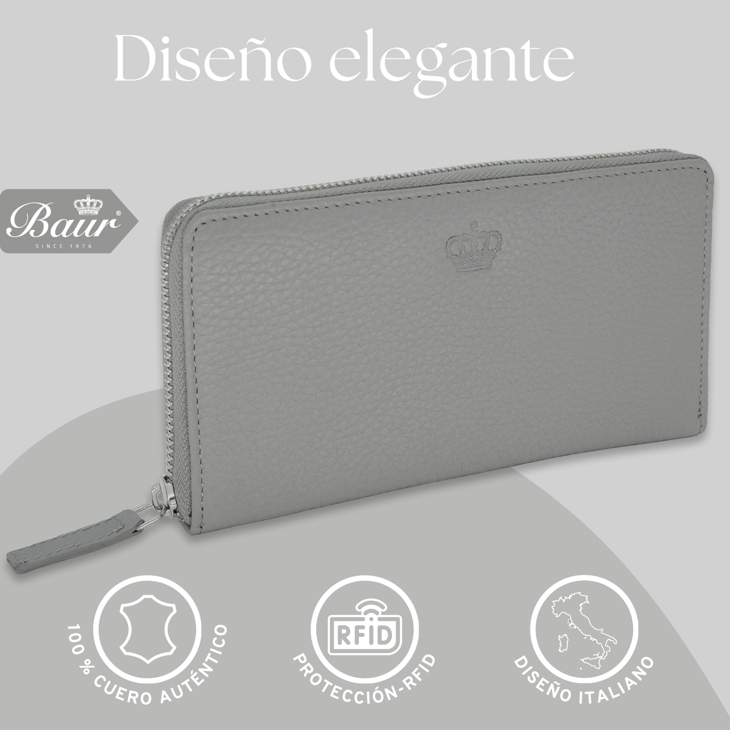 Baur - Cartera de piel auténtica para mujer | Cartera con protección RFID | Cartera grande con muchos compartimentos para tarjetas | Cremallera completa | Monedero para mujer, gris, 19,7x10x2,5 cm
