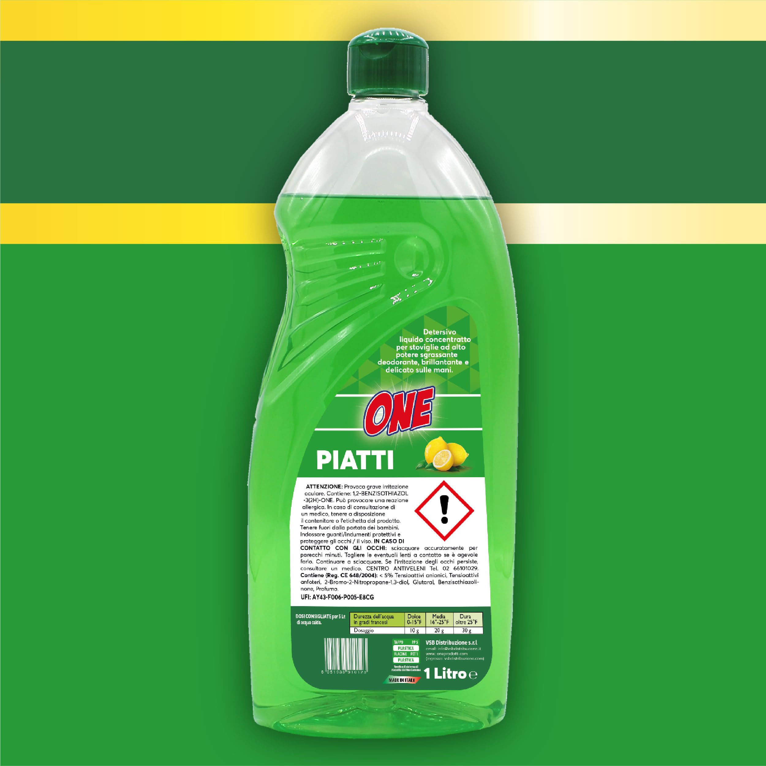 ONE - Pacco da 12 confezioni di 1 lt DETERSIVO LIQUIDO DETERGENTE PIATTI A MANO al profumo di limone - Neutralizza grasso e sporco - Pulizia a basso impatto ambientale