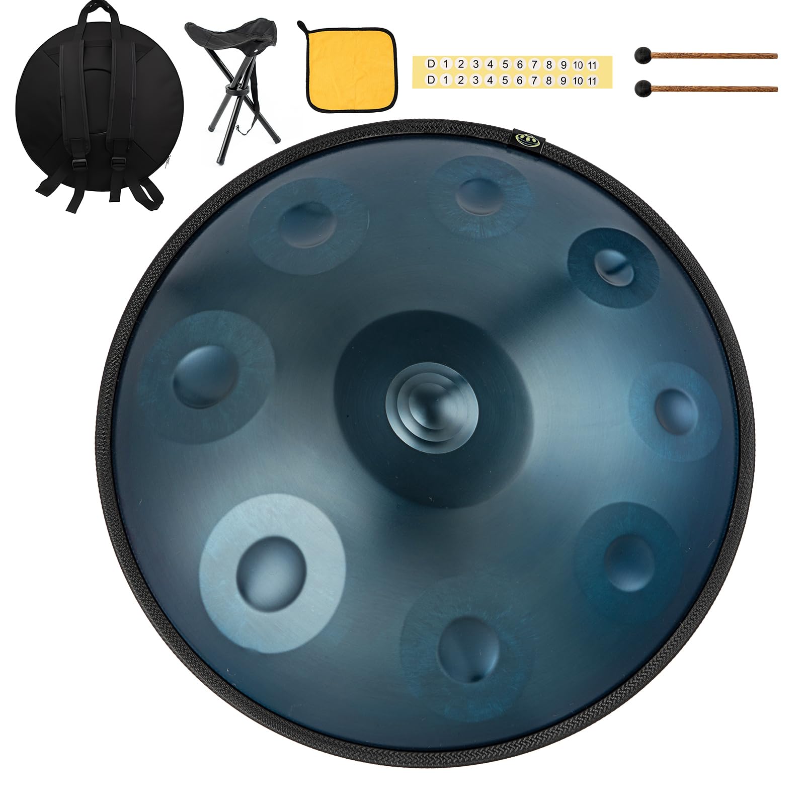 Instrumento handpan 440 Hz Re menor 22 pulgadas hand pan steel drum hand drum 9 notas 10 notas 12 notas Tambor de lengüeta de acero premium para meditación y relajación (azul, 9Y)