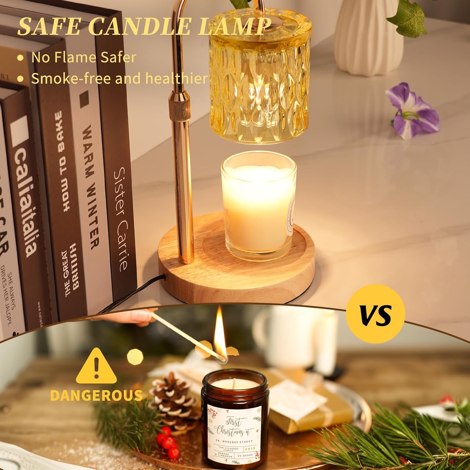 HAIDOLIANG Candle Warmer Lamp with Timer and Dimmer, Height and Brightness Adjustable,Glass Electric Wax Warmer with 2 Bulbs for Women Mom Gifts, Home Decor for Scented Jar Candles (Yellow)