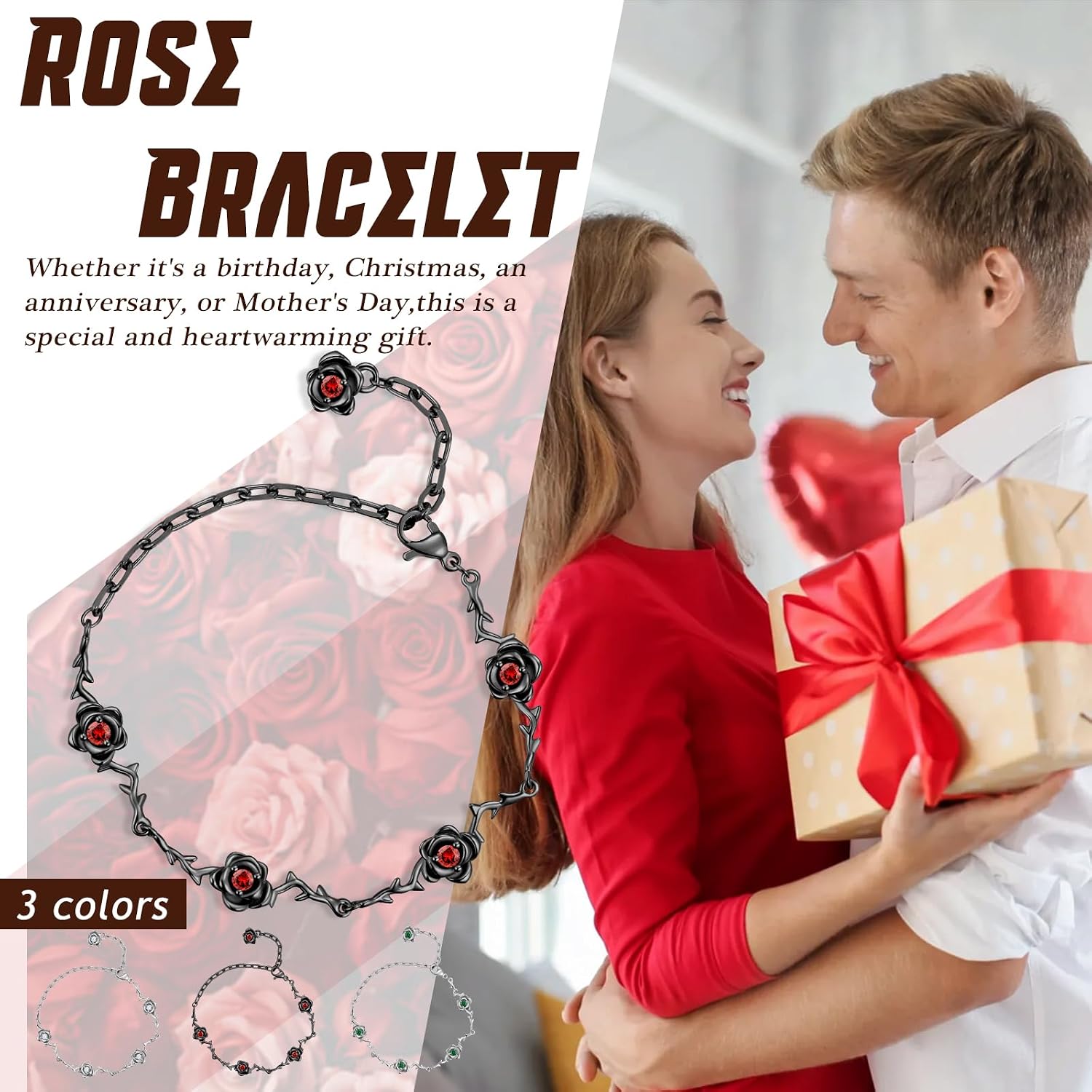 Elegant Rose Design Bracelet Adjustable Silver and Black Gun Plated Chain with Crystal Flowers for Women CB0005