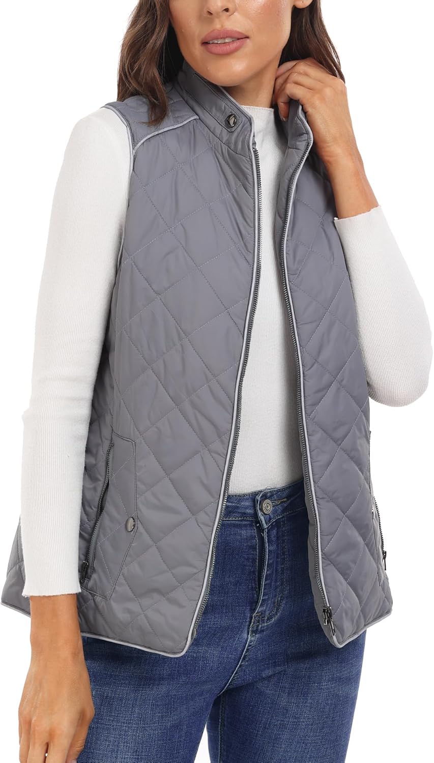 Dilgul Women's Quilted Vest Stand Collar Trendy Lightweight Zip Padded Vest with Pockets - Image 2